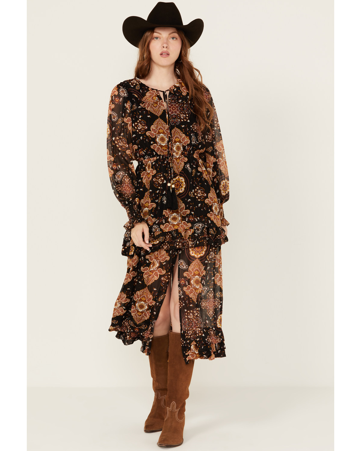 Miss Me Women's Multi Print Long Sleeve Midi Dress