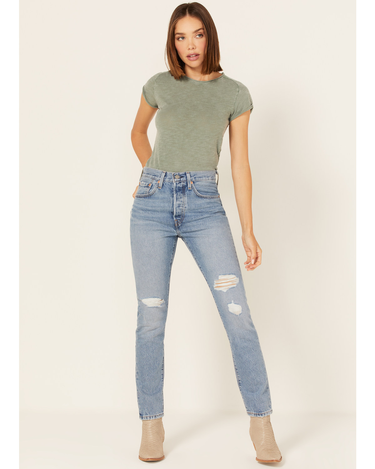 Levi's Women's 501 Medium Wash Mid Rise Distressed Skinny Jeans