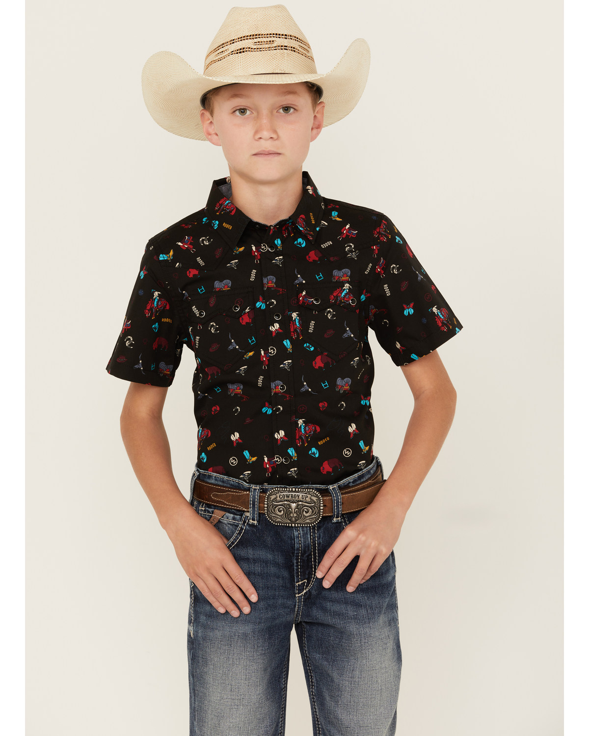 Cody James Boys' Sheriff Conversation Print Short Sleeve Snap Western Shirt