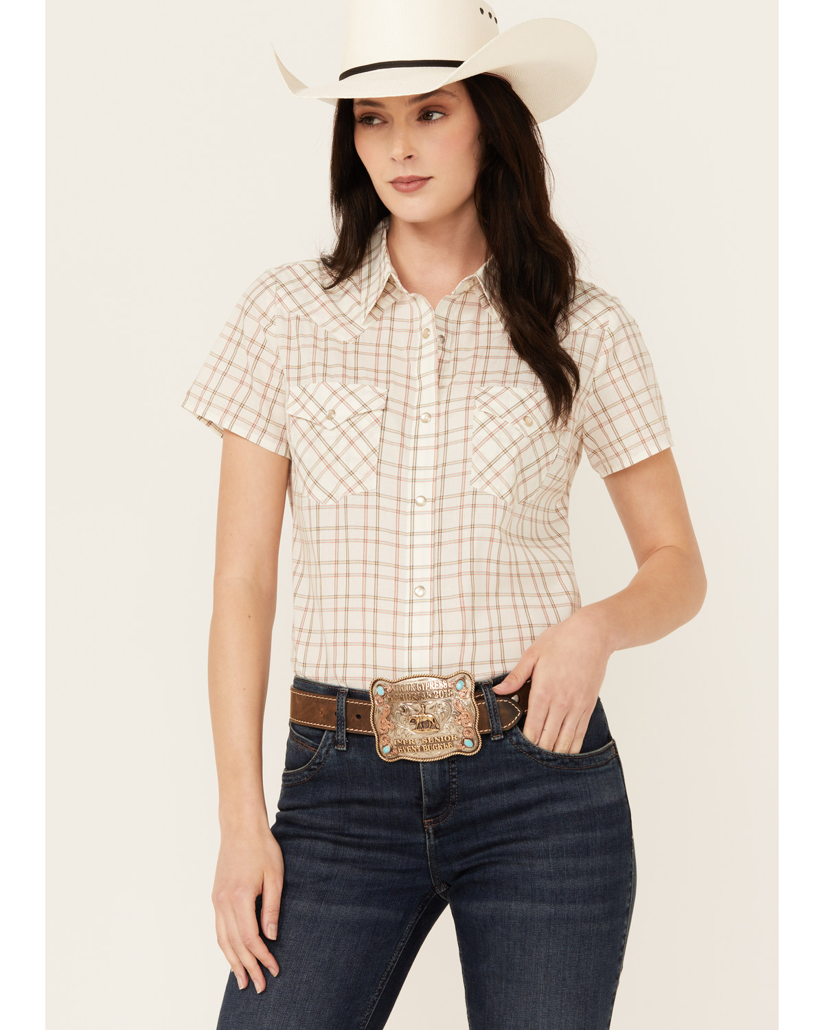 Wrangler Women's Plaid Print Short Sleeve Pearl Snap Western Shirt