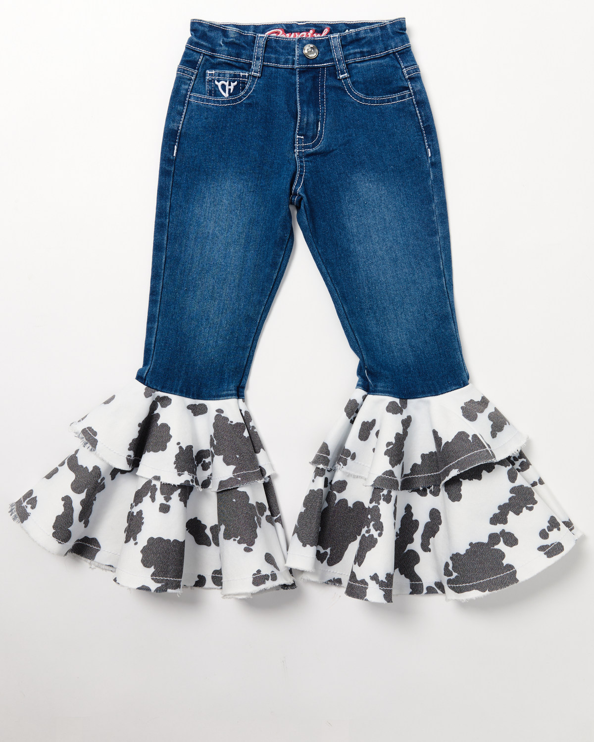 Cowgirl Hardware Toddler Girls' Cow Print Double Ruffle Stretch Jeans