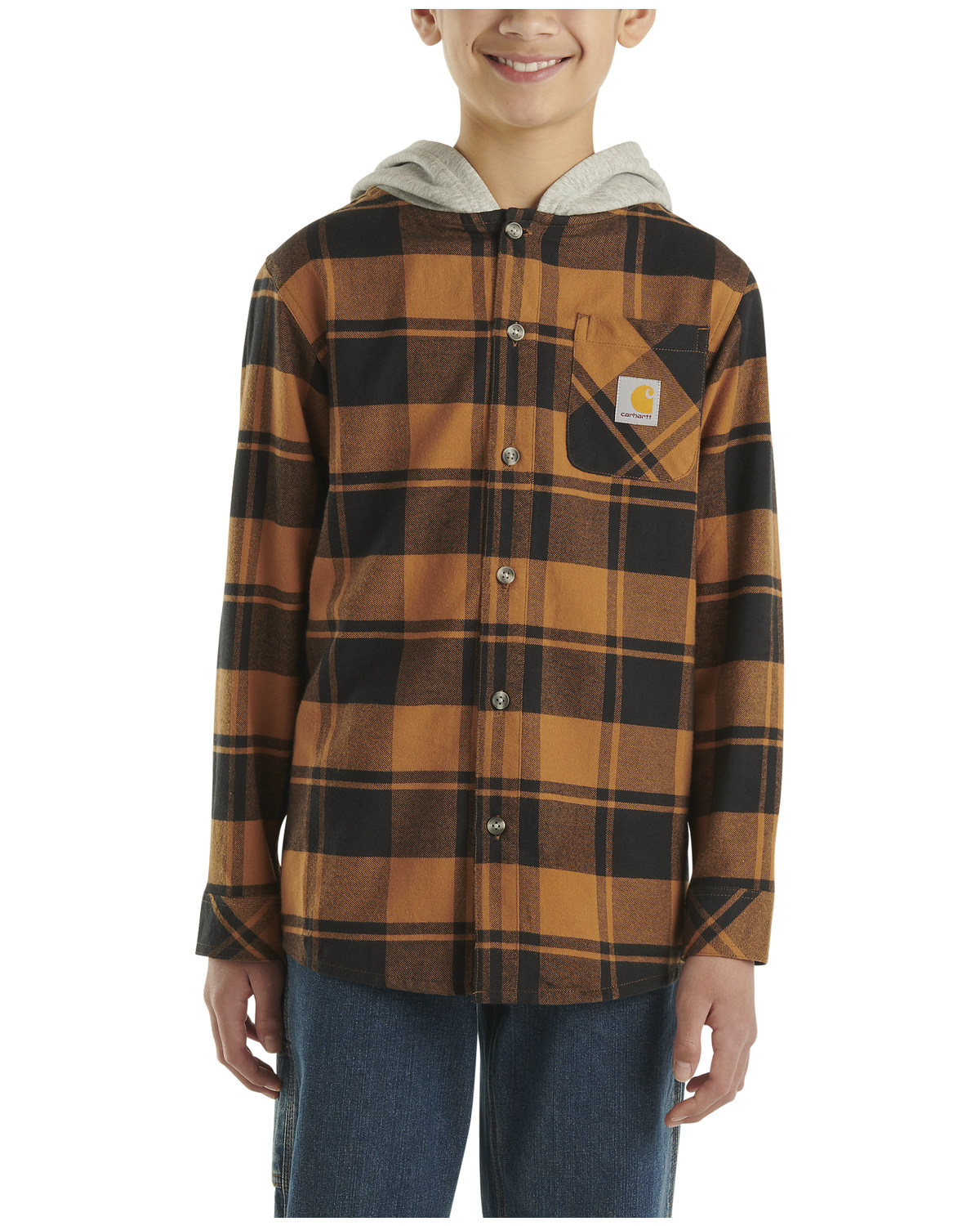 Carhartt Boys' Plaid Print Button-Down Long Sleeve Hooded Flannel Shirt