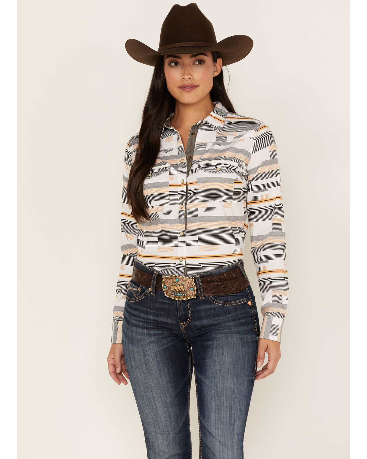 RANK 45® Women's Geo Stripe Print Long Sleeve Stretch Western Riding Shirt