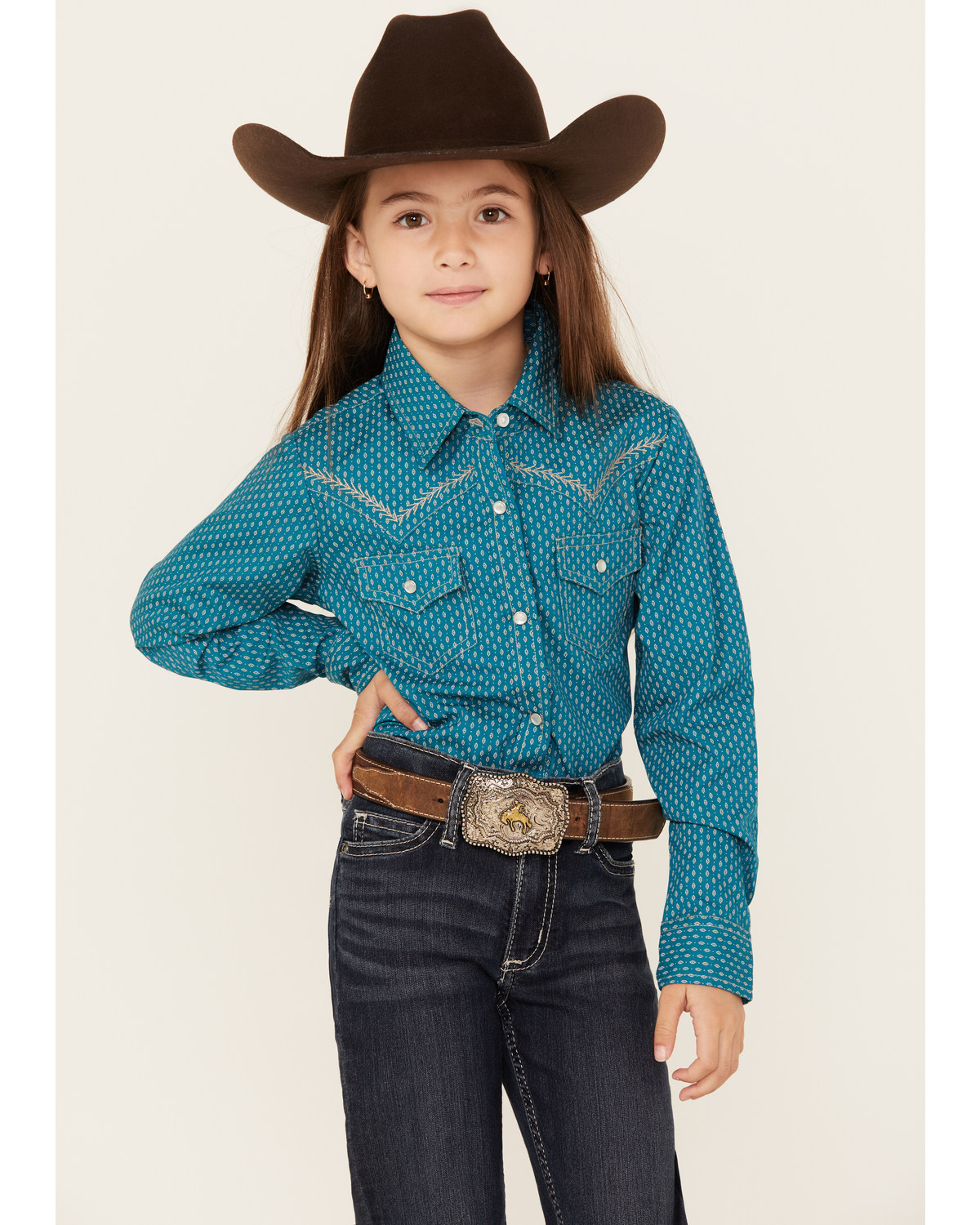 Ely Walker Girls' Southwestern Print Long Sleeve Pearl Snap Western Shirt