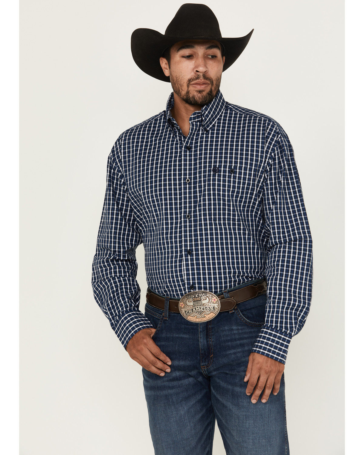 George Strait by Wrangler Men's Plaid Print Long Sleeve Button-Down Stretch Western Shirt - Big