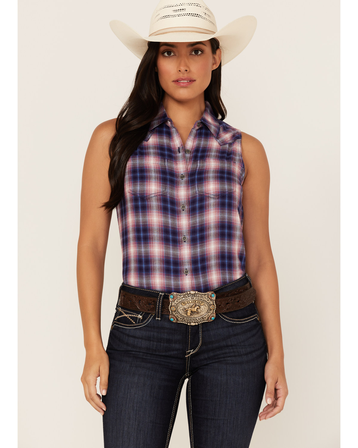 Ariat Women's R.E.A.L. Billie Jean Plaid Print Sleeveless Button-Down Western Shirt