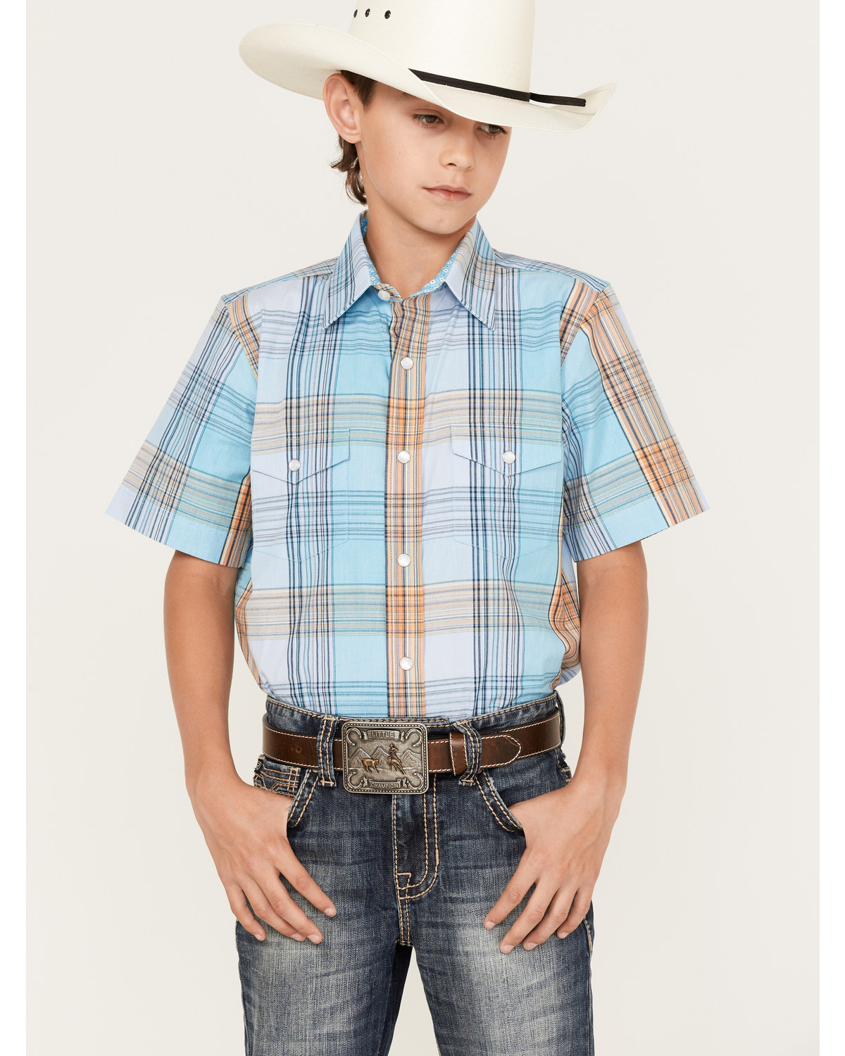 Panhandle Boys' Plaid Print Short Sleeve Western Pearl Snap Shirt