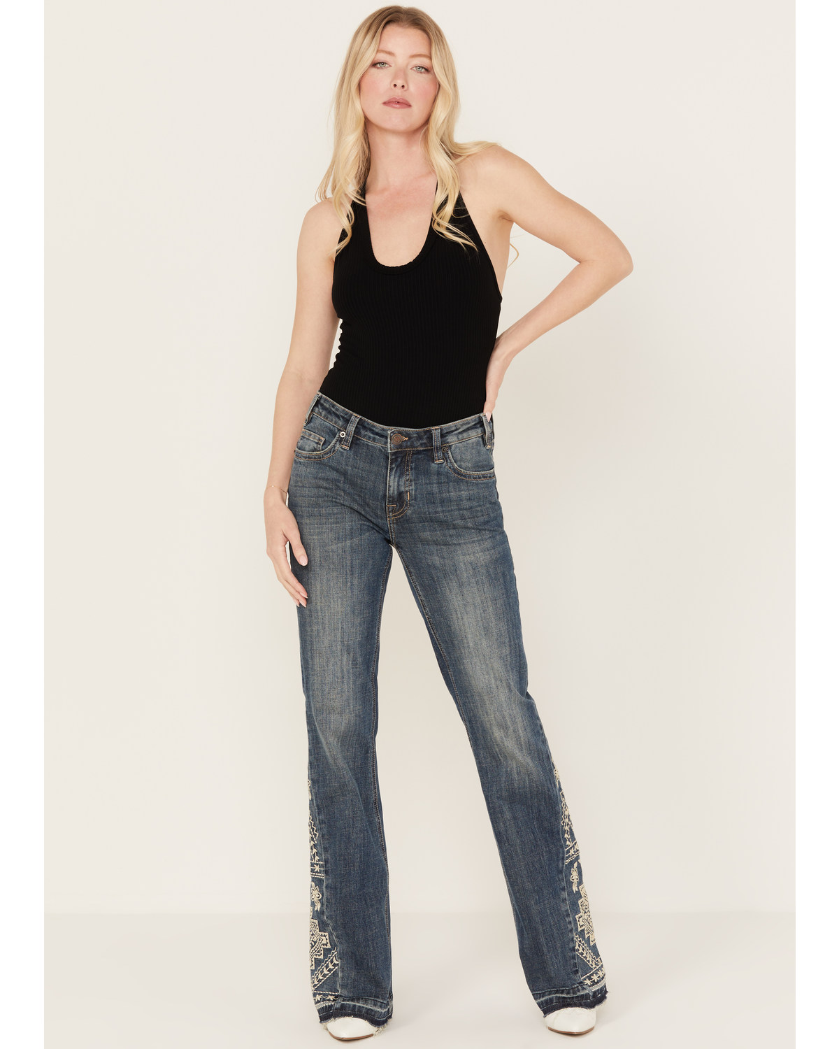 Rock & Roll Denim Women's Medium Wash Mid Rise Southwestern Print Trouser Jeans