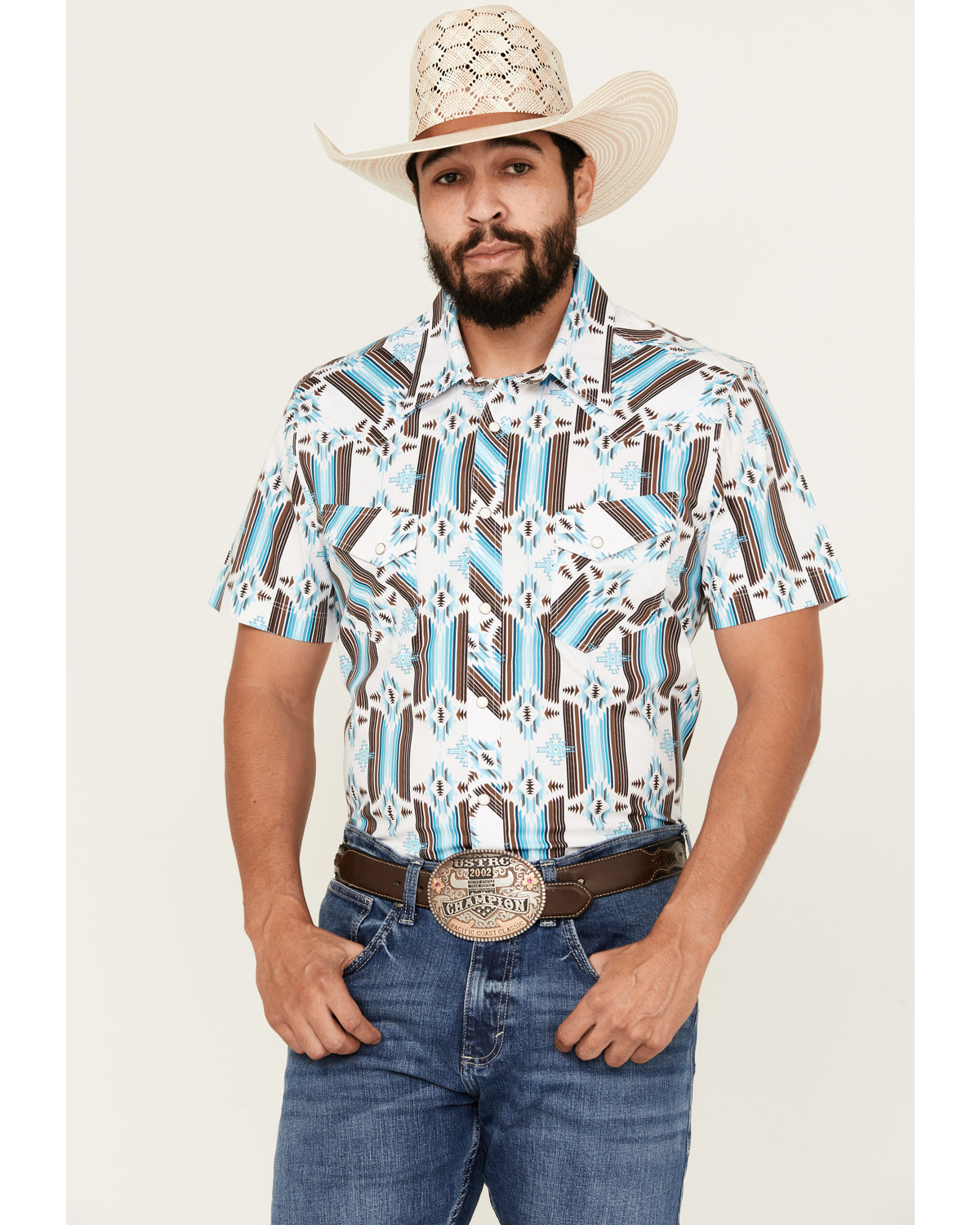 Rock & Roll Denim Men's Southwestern Print Short Sleeve Pearl Snap Stretch Western Shirt