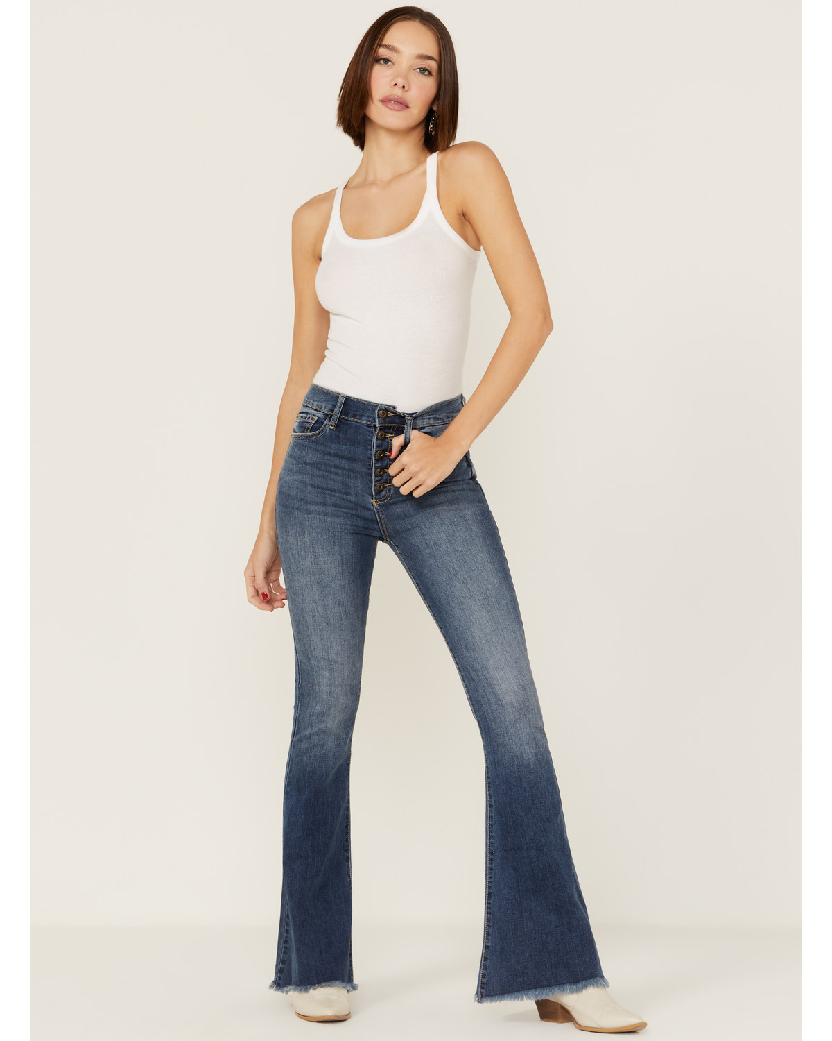 Sneak Peek Women's High Rise Exposed Button Flare Jeans