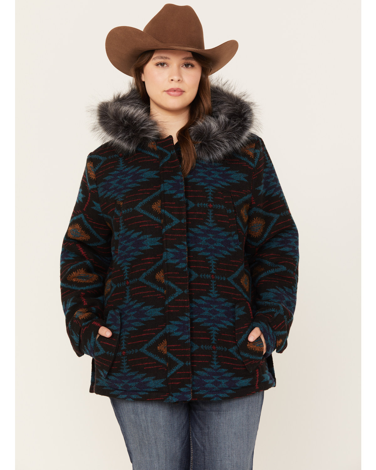 Outback Trading Co. Women's Southwestern Print Faux Fur Myra Coat - Plus