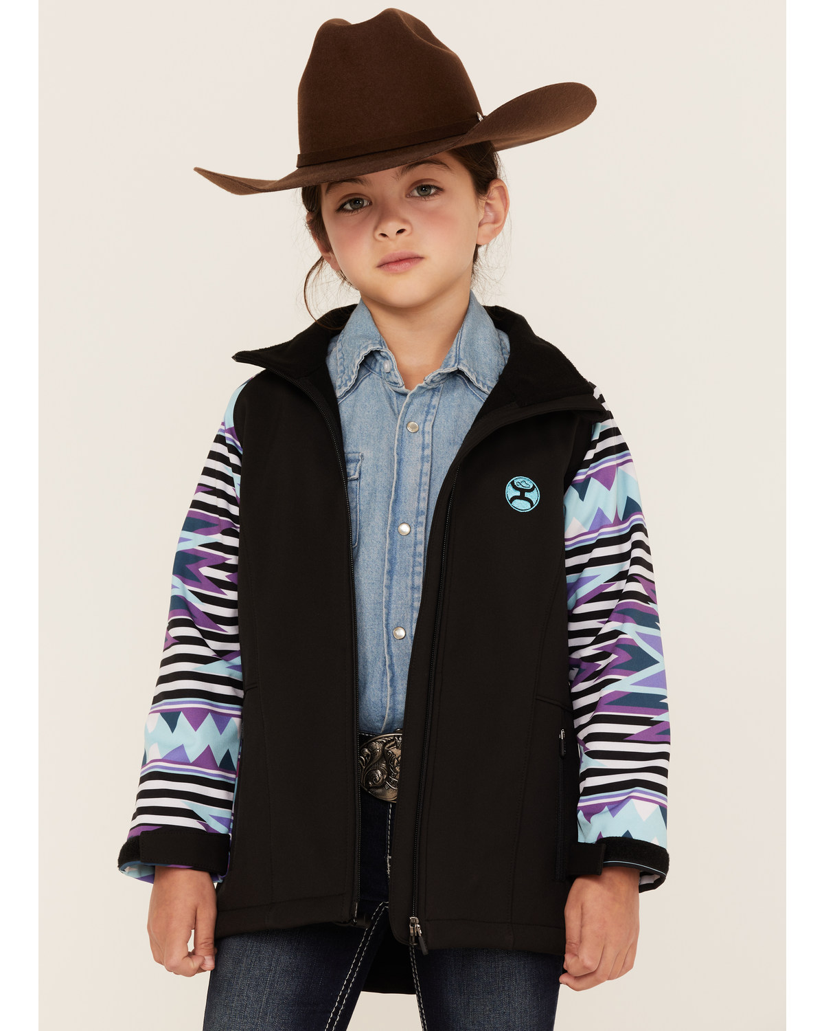 Hooey Girls' Southwestern Print Sleeve Zip-Front Softshell Jacket
