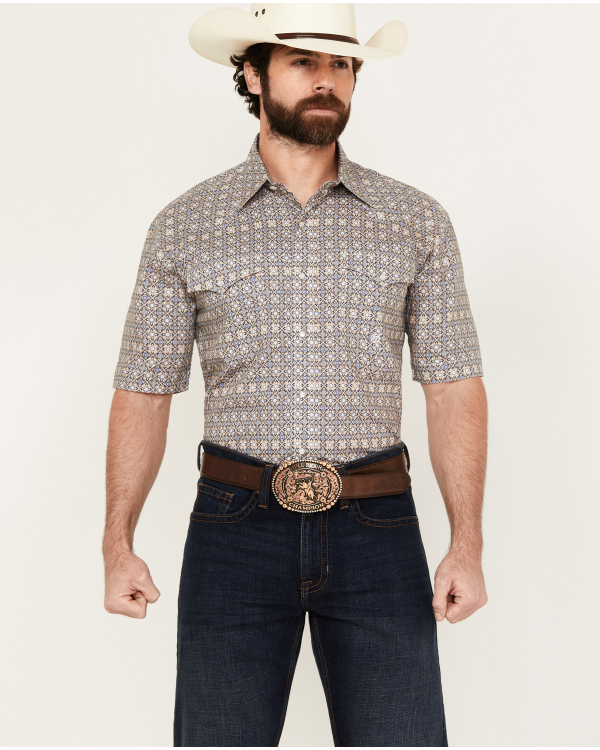 Roper Men's Amarillo Mini Medallion Print Short Sleeve Snap Western Shirt