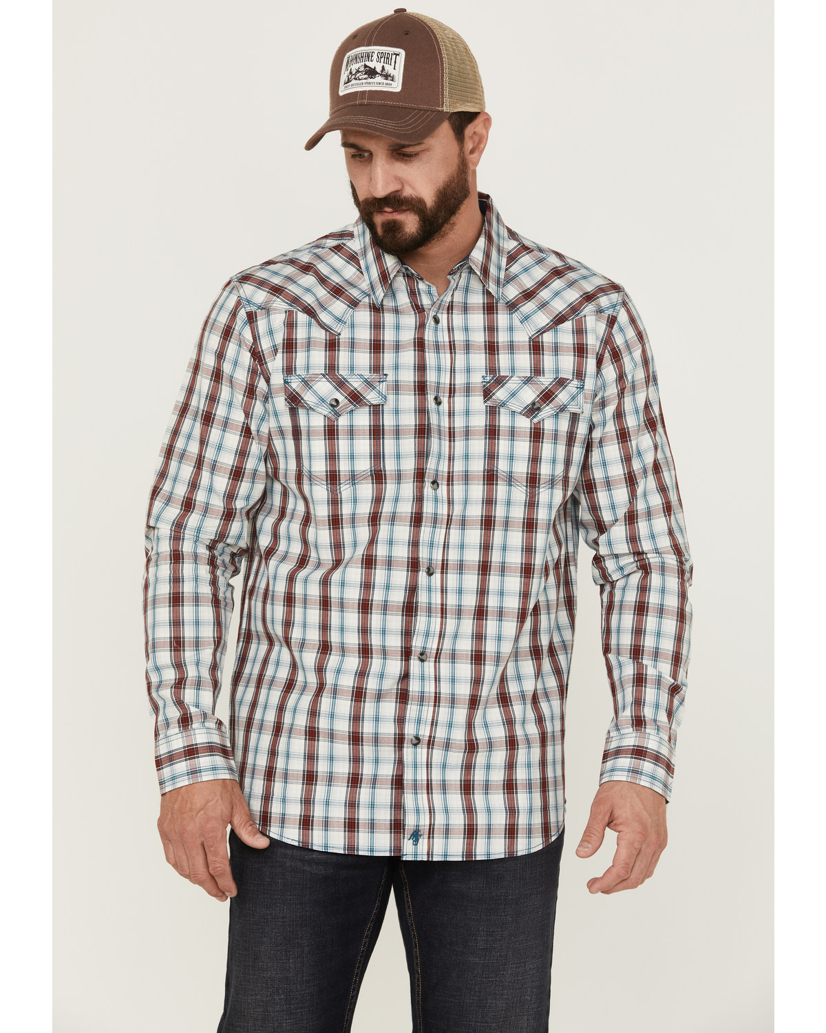 Moonshine Spirit Men's Burning Man Plaid Long Sleeve Snap Western Shirt