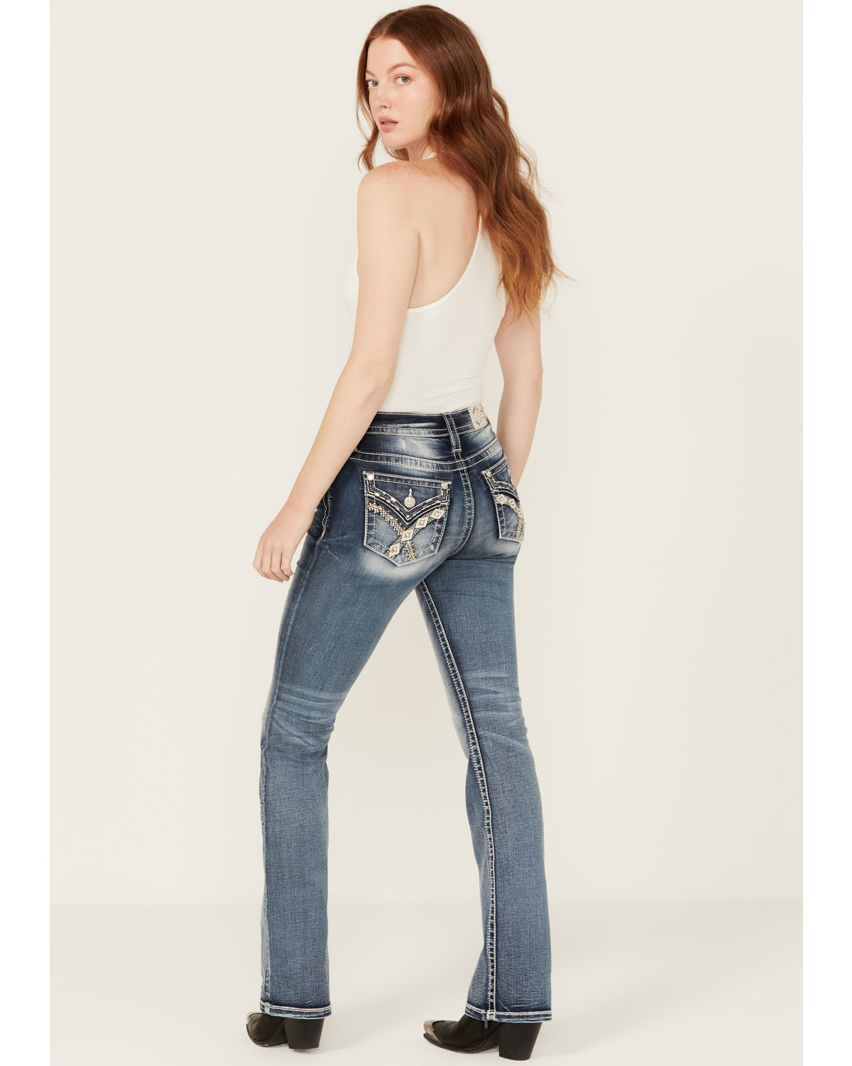 Miss Me Women's Medium Wash Geometric Braid Mid Rise Bootcut Stretch Denim Jeans