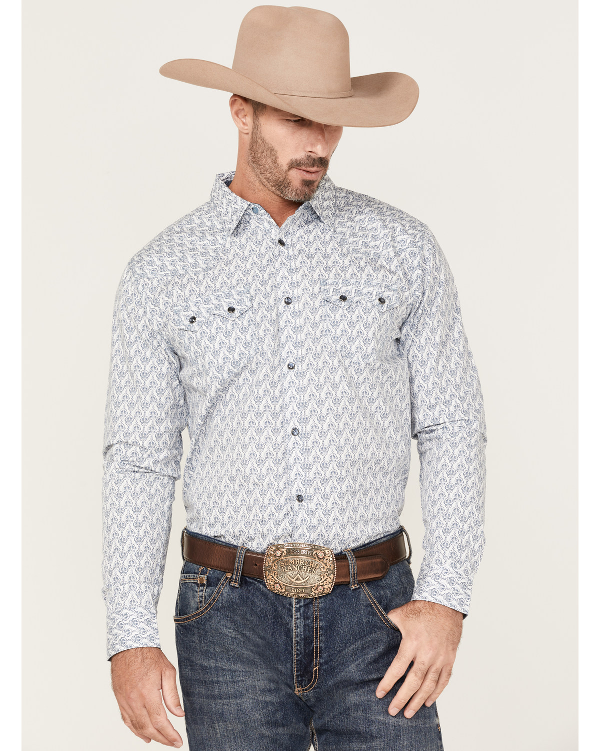 Moonshine Spirit Men's Temple Medallion Floral Print Long Sleeve Snap Western Shirt