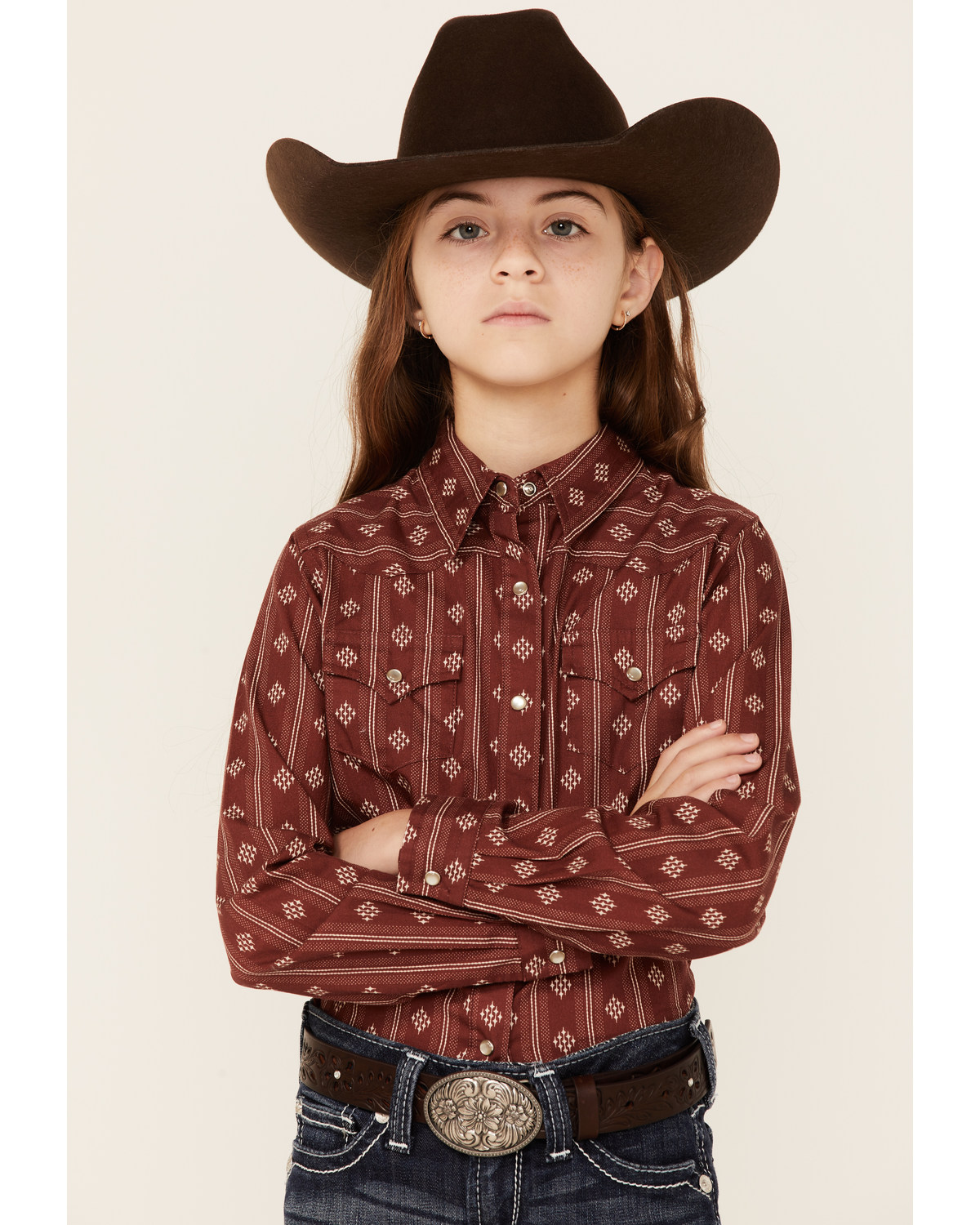 Roper Girls' Geo Print Long Sleeve Pearl Snap Western Shirt