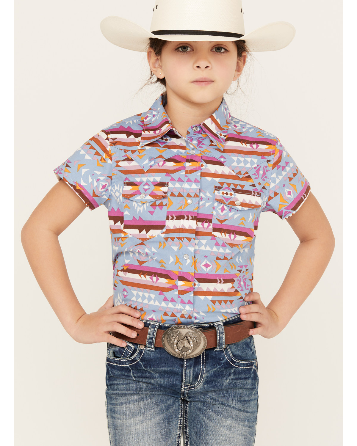 Shyanne Girls' Southwestern Print Short Sleeve Western Pearl Snap Shirt