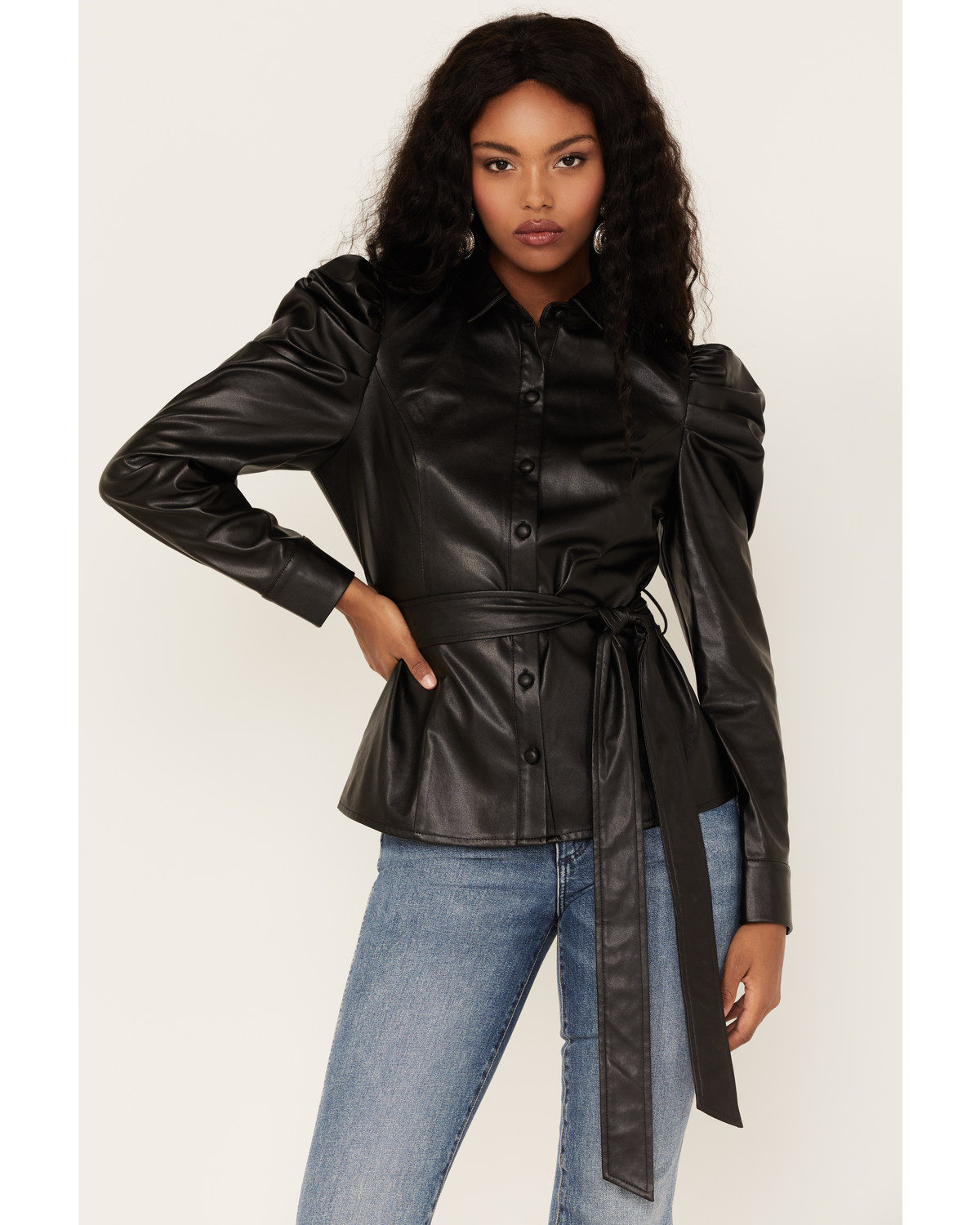 Flying Tomato Women's Faux Leather Puff Sleeve Shirt