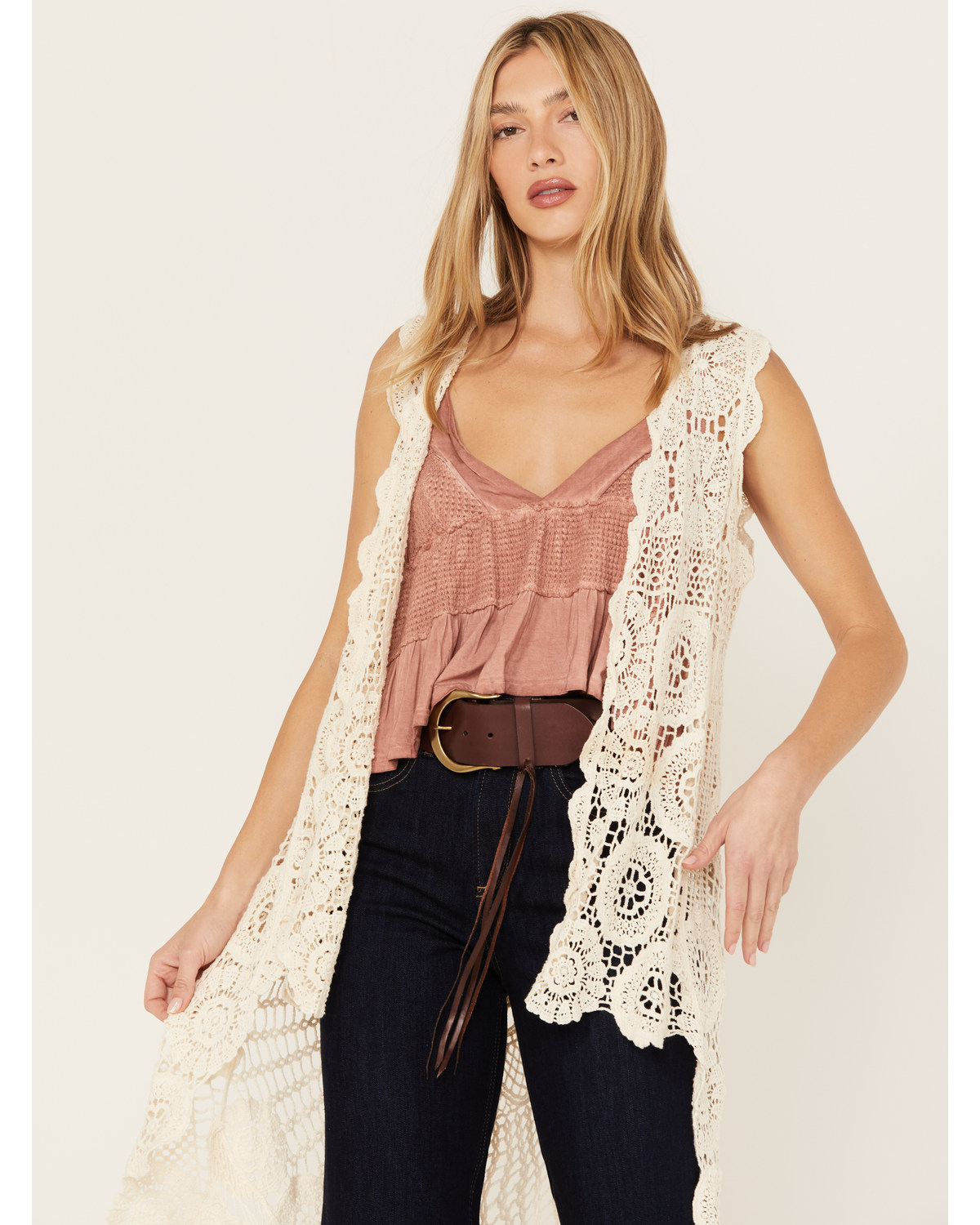 En Creme Floral Crochet High-Low Vest