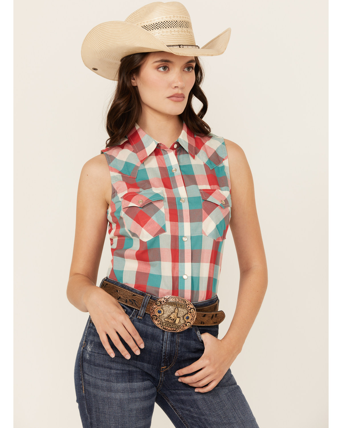 Wrangler Women's Essential Plaid Print Sleeveless Pearl Snap Western Shirt