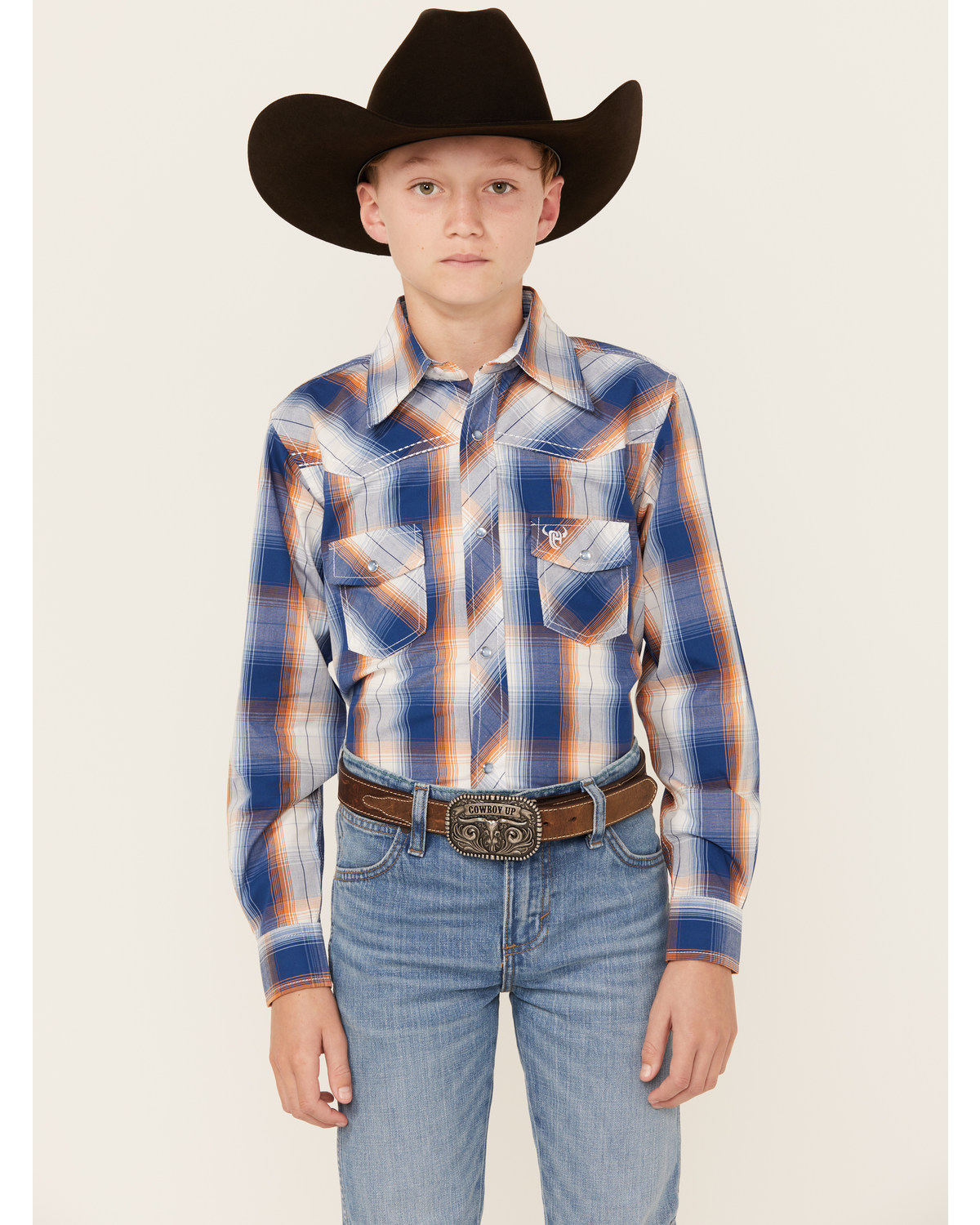 Cowboy Hardware Boys' Plaid Print Long Sleeve Pearl Snap Western Shirt
