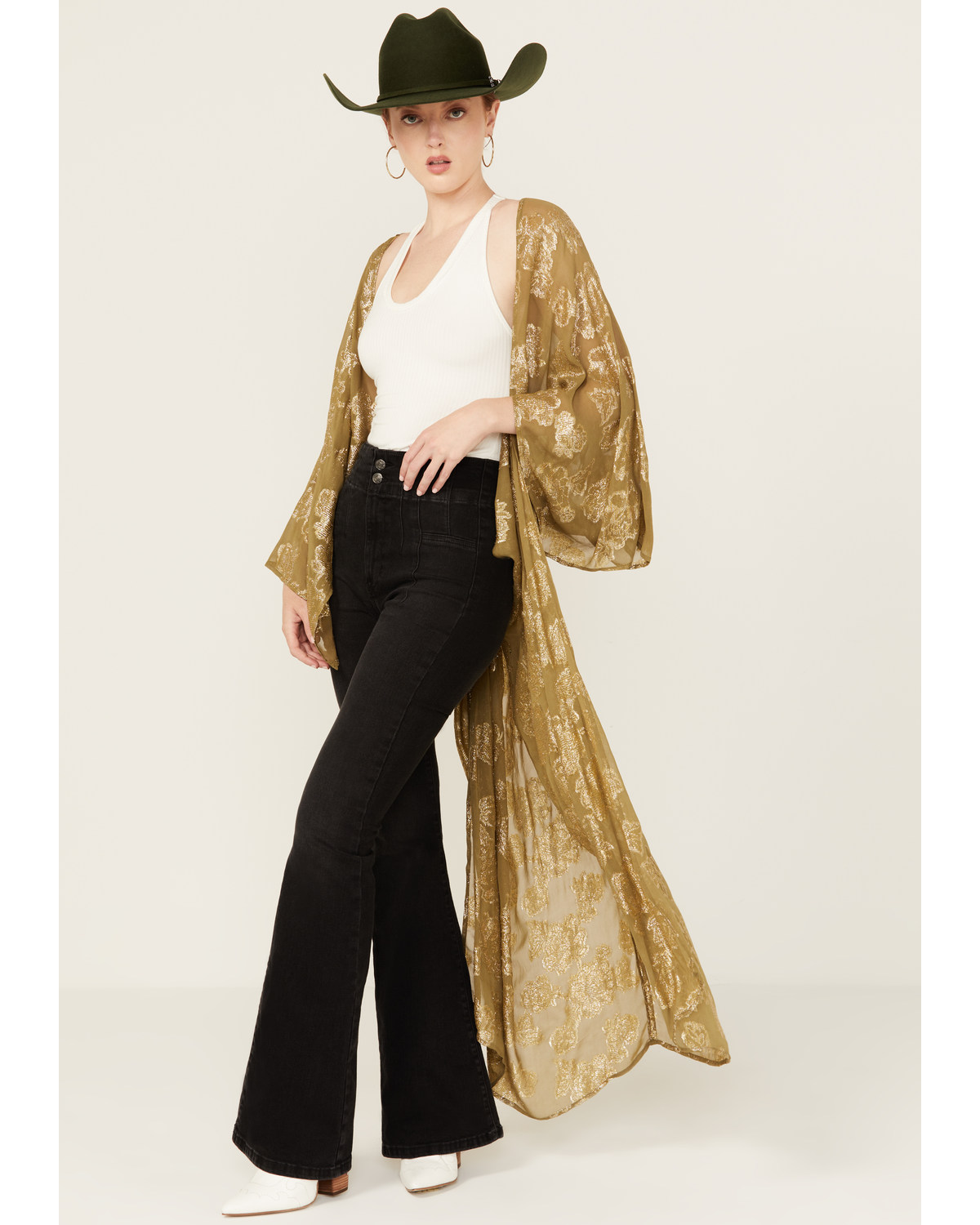 En Creme Women's Floral Metallic Long Sleeve Duster Kimono