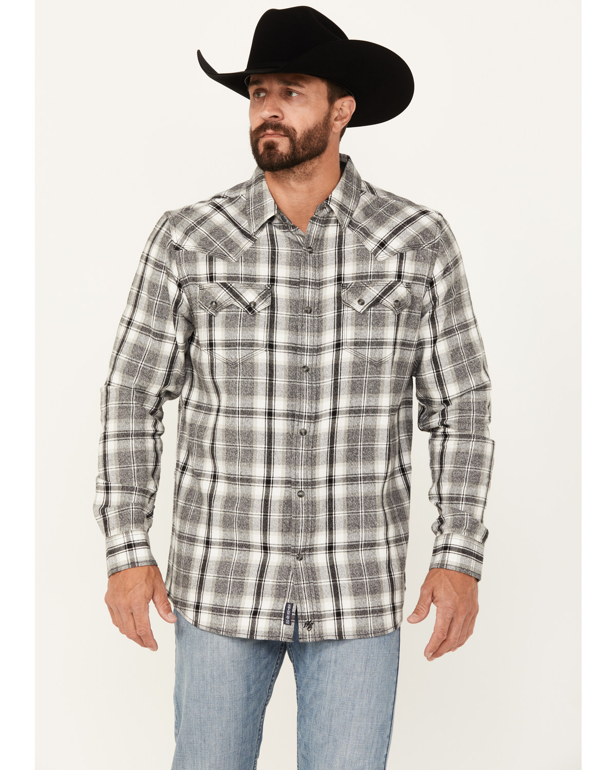Moonshine Spirt Men's Gray Cloud Plaid Print Long Sleeve Snap Western Shirt
