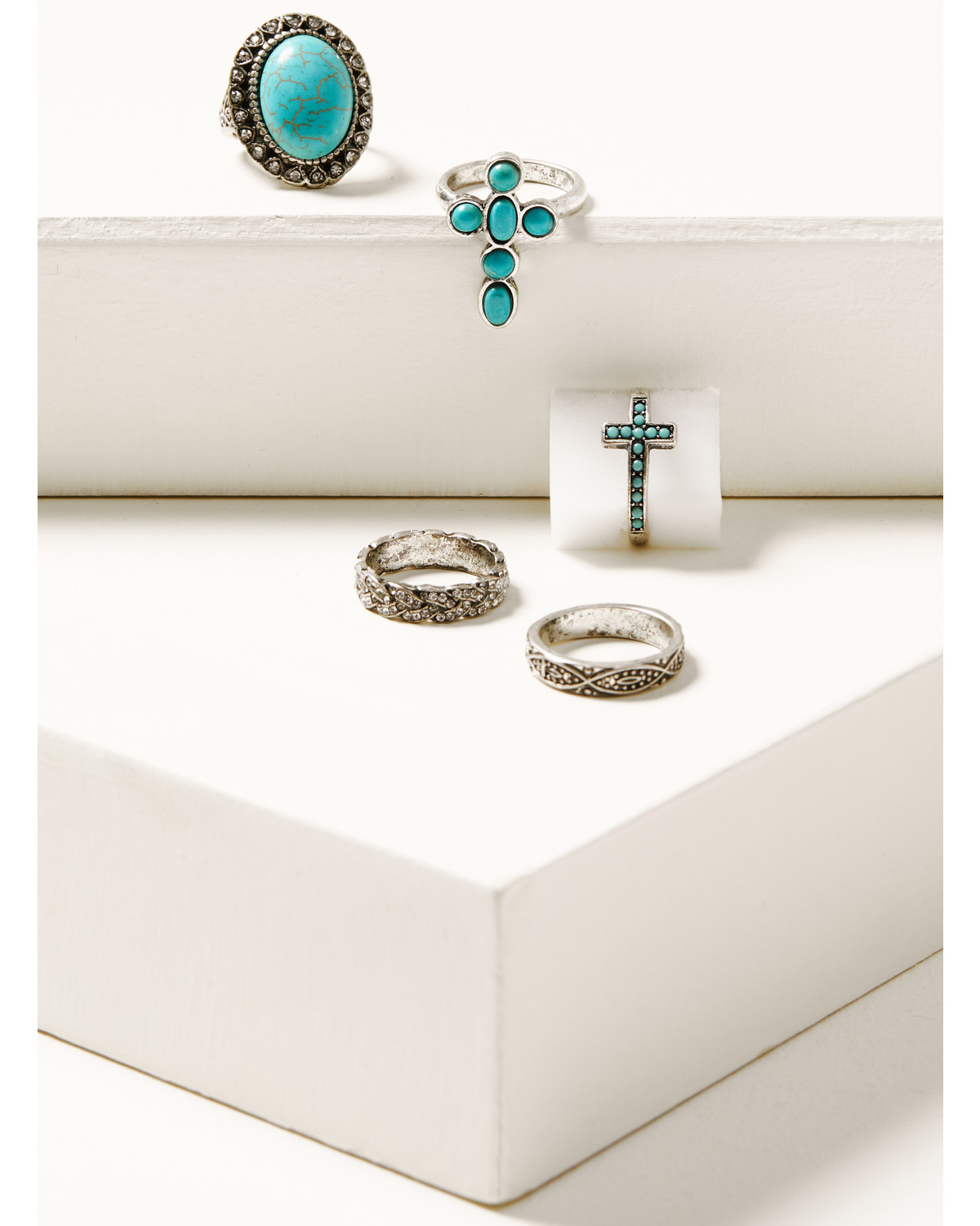 Shyanne Women's Silver & Turquoise Stone Cross 5-piece Ring Set