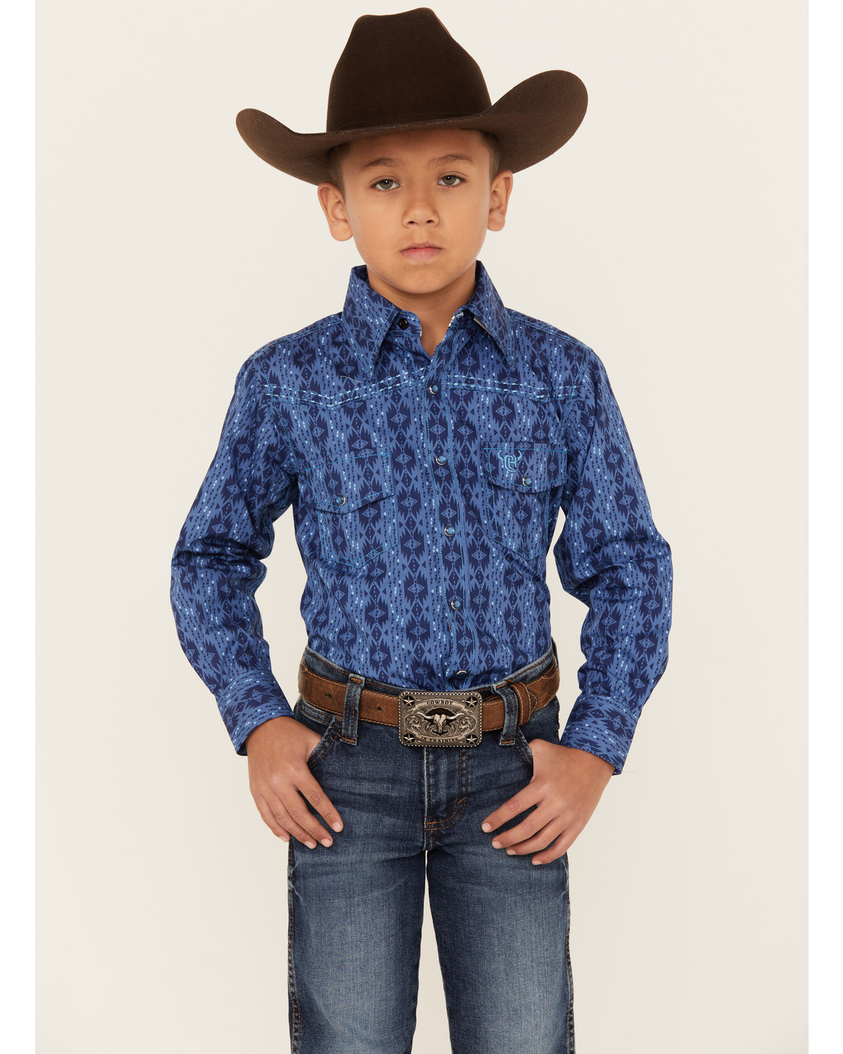 Cowboy Hardware Boys' Tonal Southwestern Print Long Sleeve Pearl Snap Western Shirt