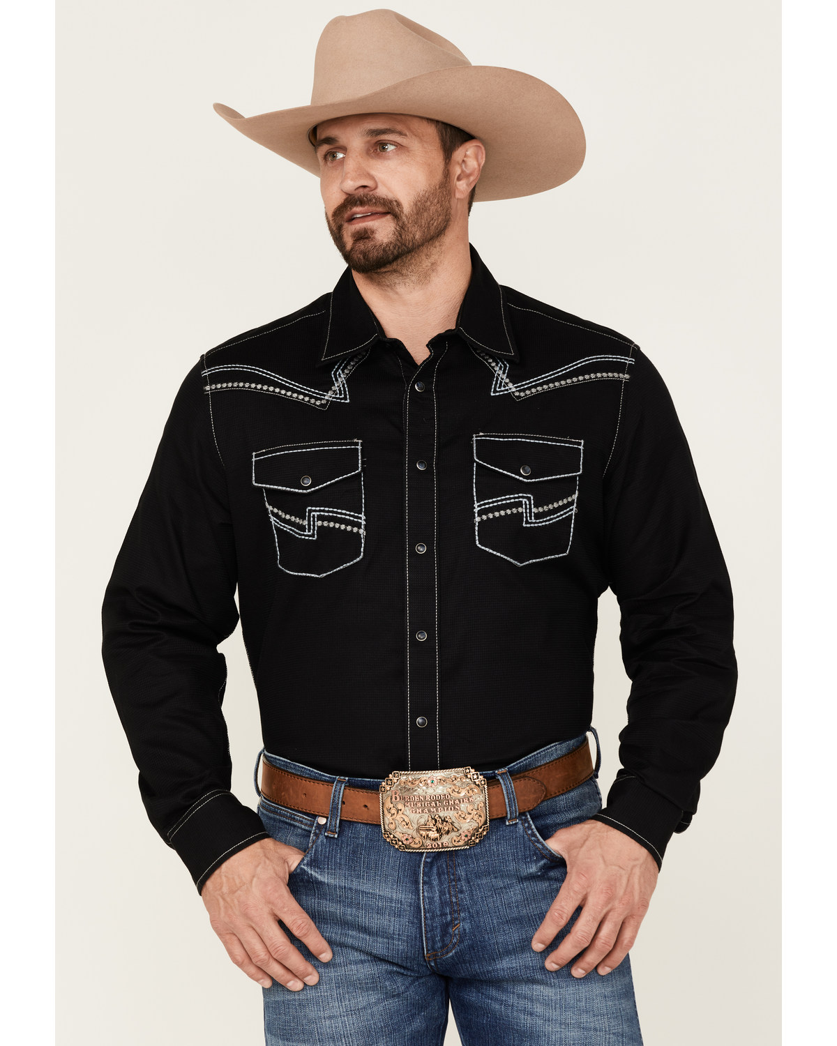 Rock 47 By Wrangler Men's Solid Embroidered Long Sleeve Snap Western Shirt