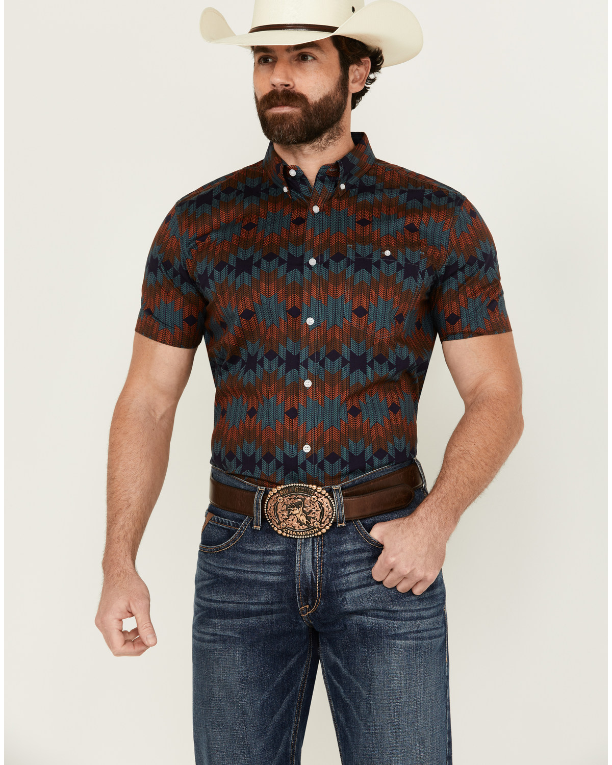 RANK 45® Men's Azrank Southwestern Print Short Sleeve Button-Down Stretch Western Shirt