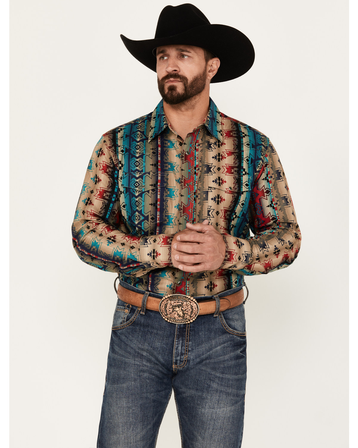 Wrangler Men's Checotah Southwestern Print Long Sleeve Pearl Snap Western Shirt