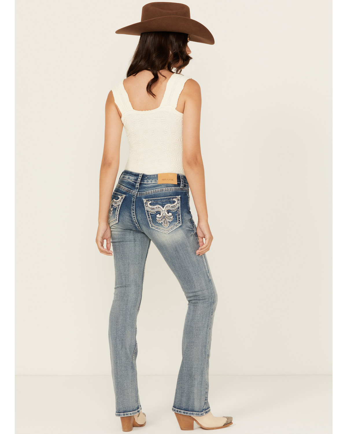 Shyanne Women's Embroidered Pocket Light Wash Mid Rise Bootcut Stretch Denim Jeans