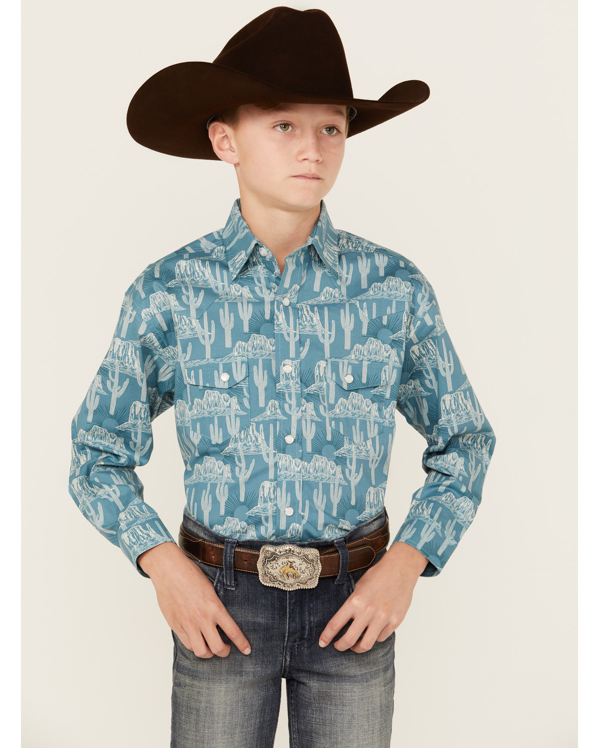 Rock & Roll Denim Boys' Cactus Print Long Sleeve Pearl Snap Stretch Western Shirt