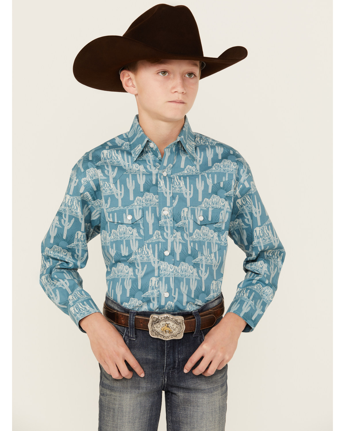 Rock Roll Denim Boys Cactus Print Long Sleeve Pearl Snap Stretch Western Shirt Boot Barn in Tustin CA
