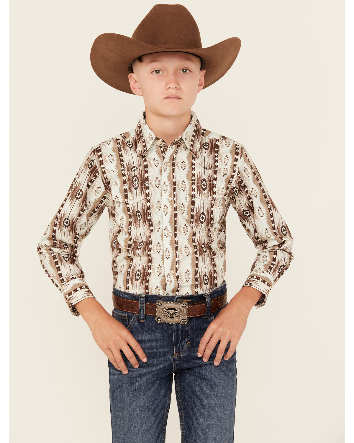 Wrangler Boys' Checotah Southwestern Striped Long Sleeve Pearl Snap Western Shirt