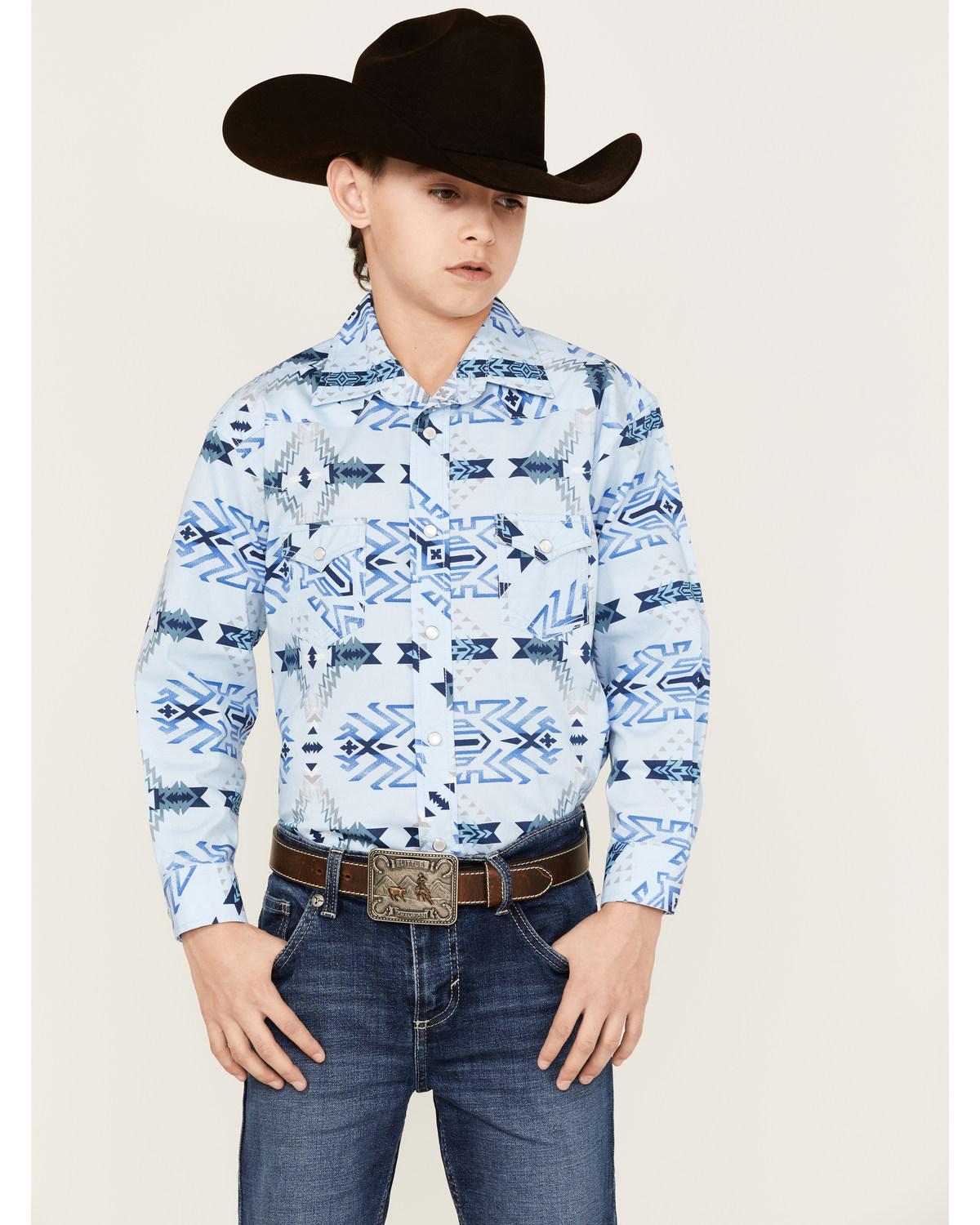 Rock & Roll Denim Boys' Southwestern Print Long Sleeve Stretch Pearl Snap Western Shirt