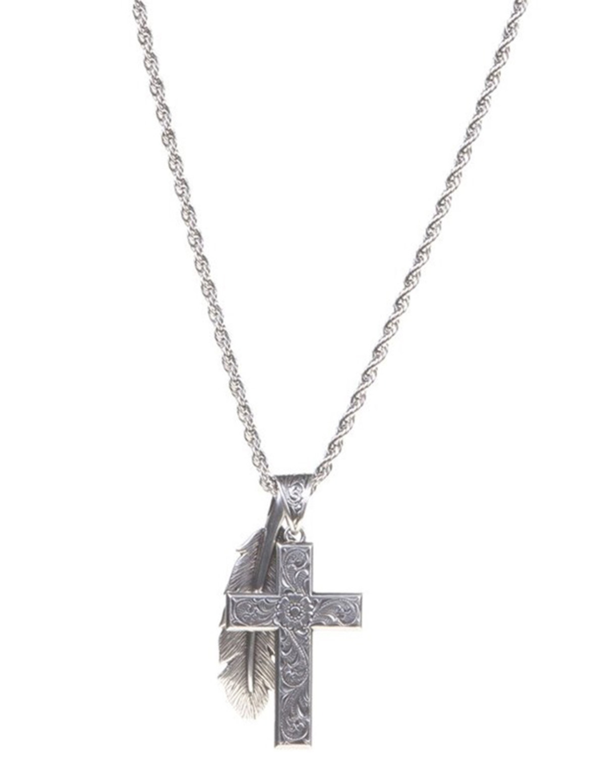 Twister Men's Silver Cross and Feather Pendant Necklace
