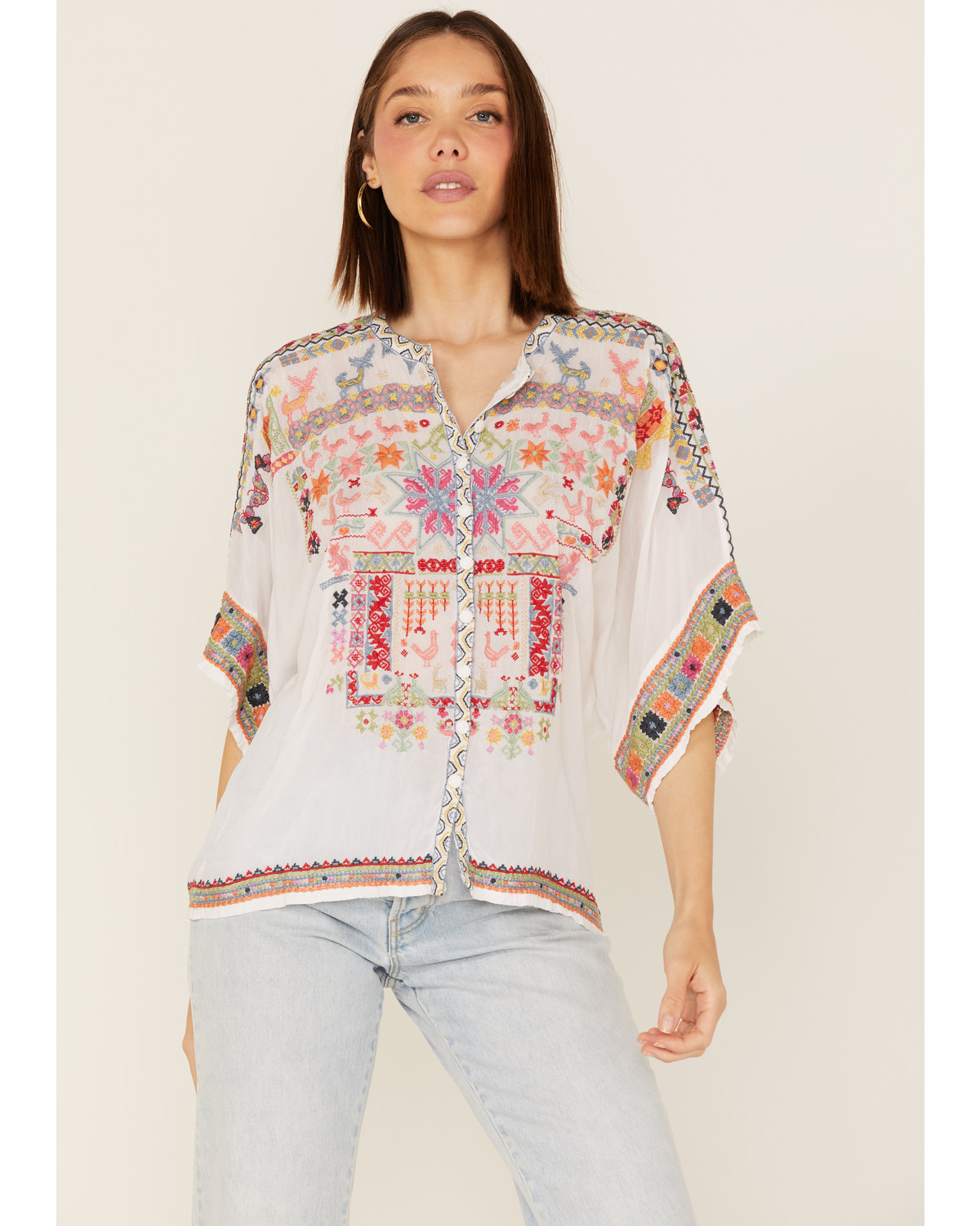 Johnny Was Women's Xylia Embroidered Wildlife & Floral Short Sleeve Blouse