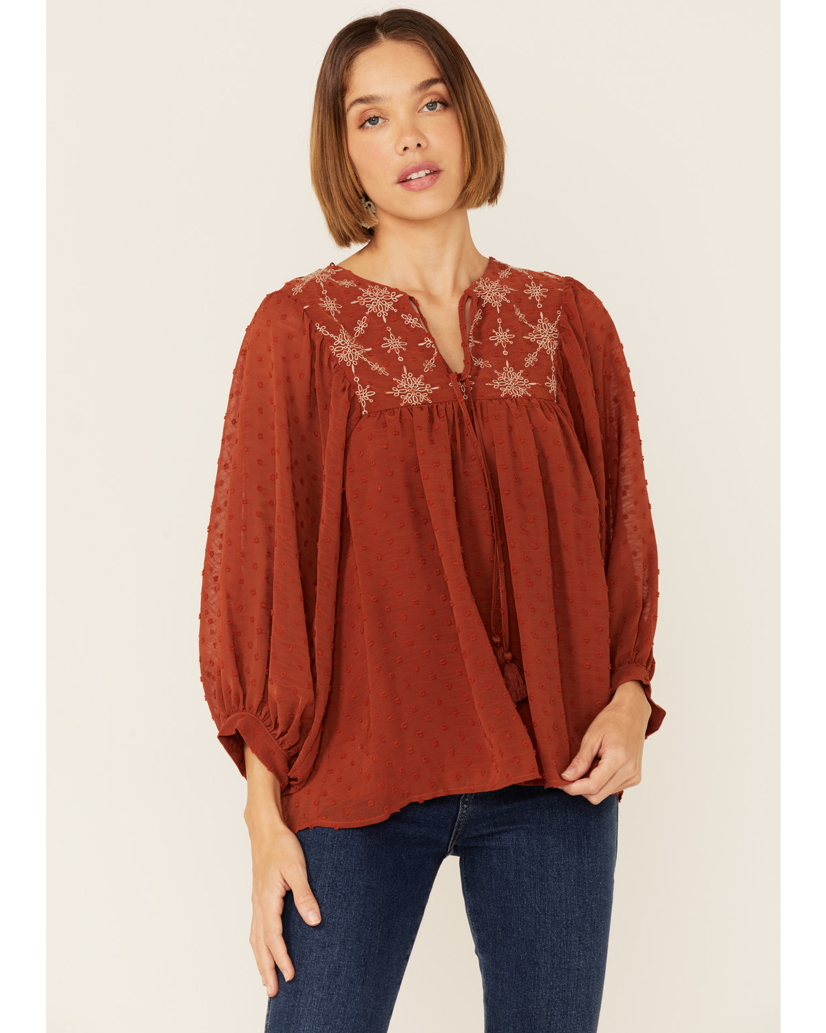 Flying Tomato Women's Embroidered Long Sleeve Peasant Top