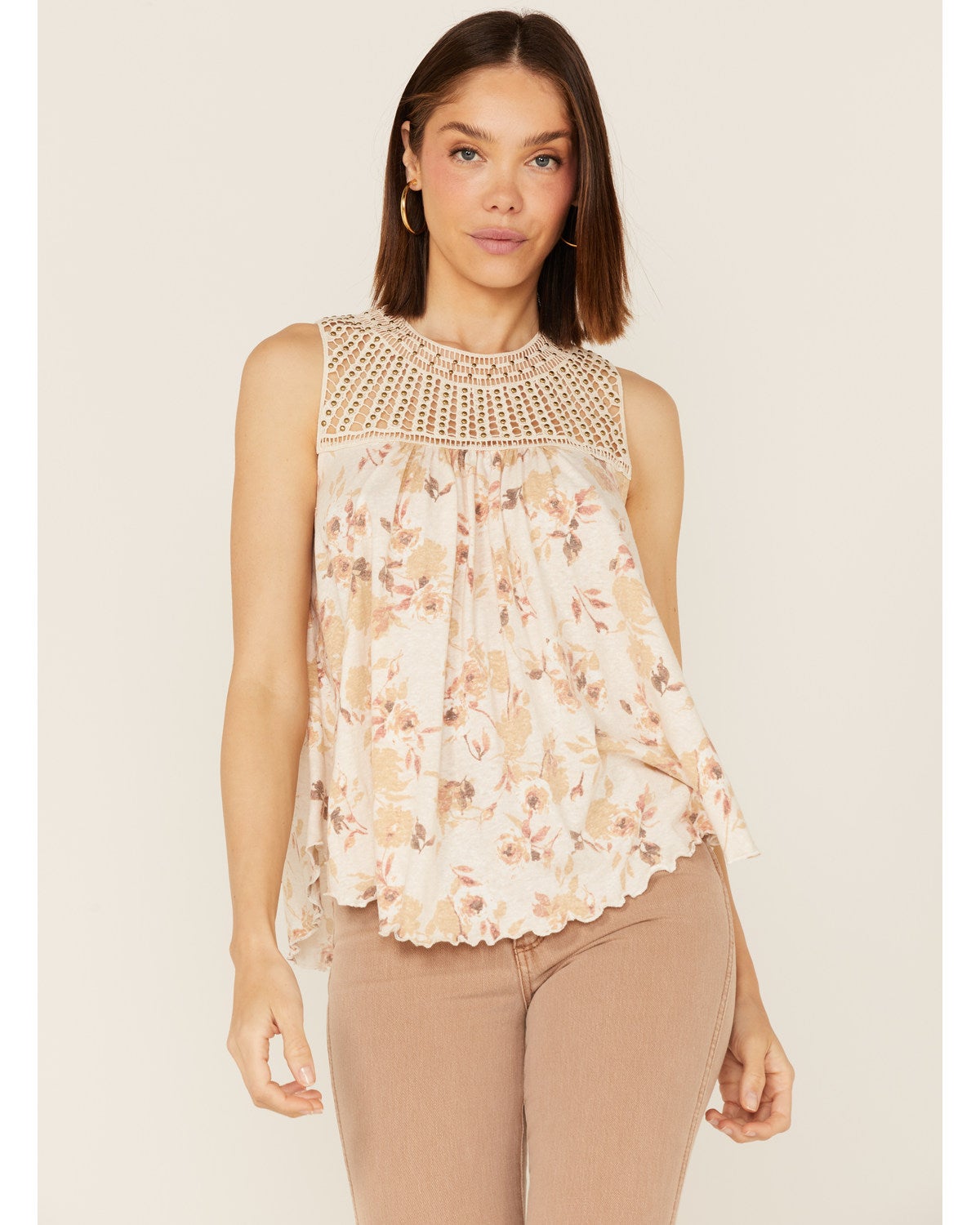 Wild Moss Women's Crochet Studded Yoke Flowy Tank Top