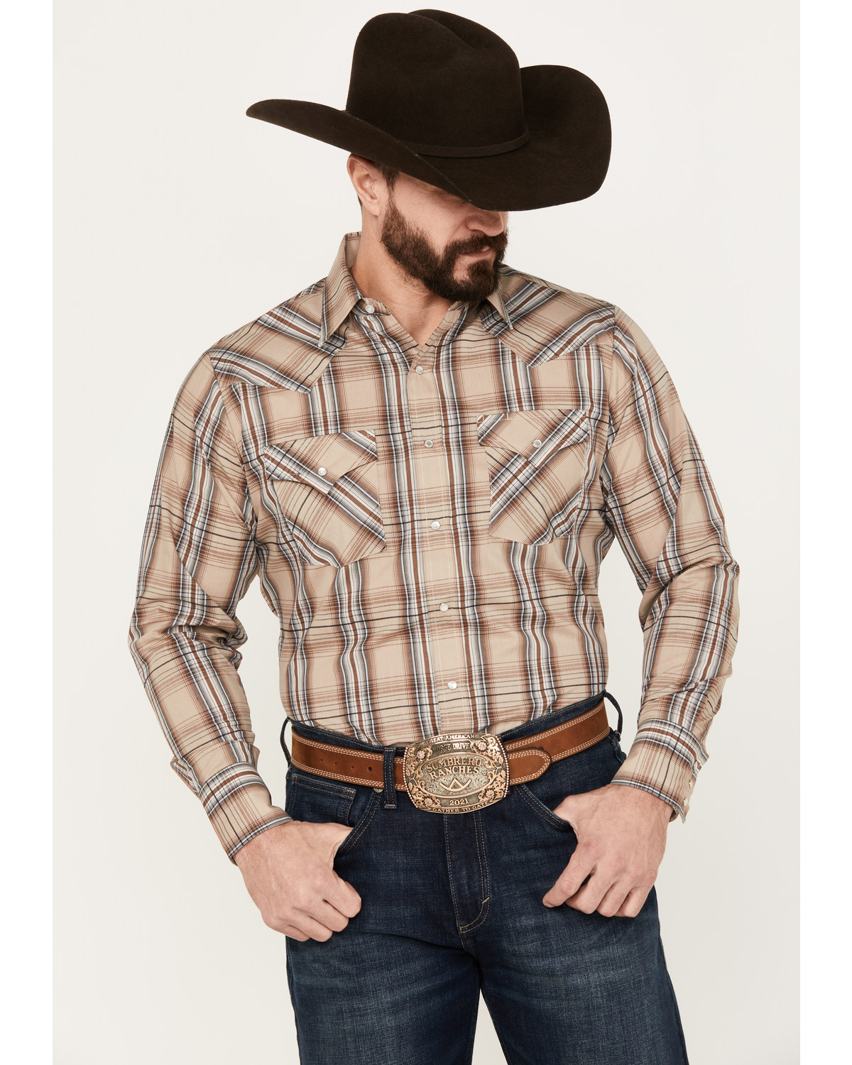 Ely Walker Men's Plaid Print Long Sleeve Pearl Snap Western Shirt