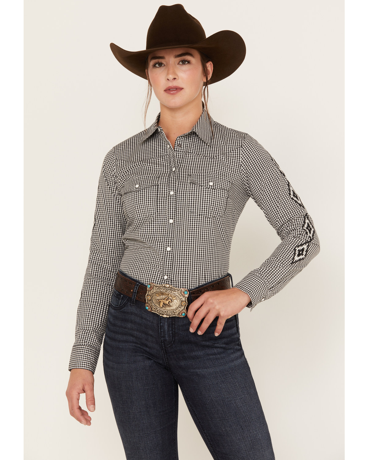 RANK 45® Women's Plaid Print Long Sleeve Embroidery Western Riding Snap Shirt