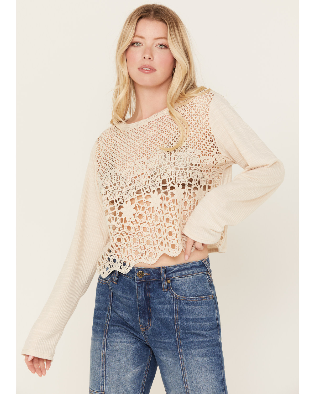 Wild Moss Women's Crochet Front Knit Top