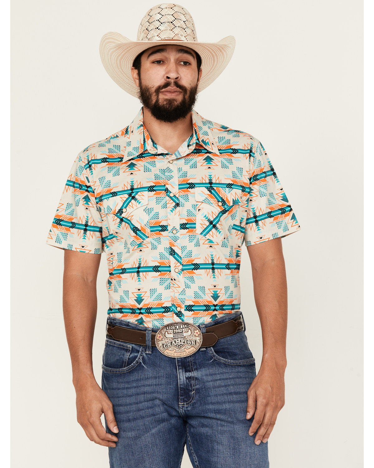 Rock & Roll Denim Men's Southwestern Print Short Sleeve Snap Stretch Western Shirt