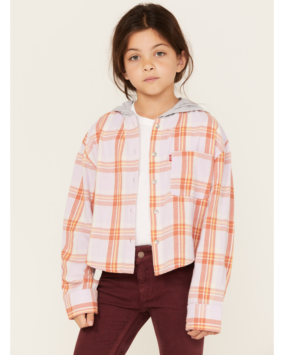 Levi's Little Girls' Plaid Print Long Sleeve Button-Down Hooded Shirt