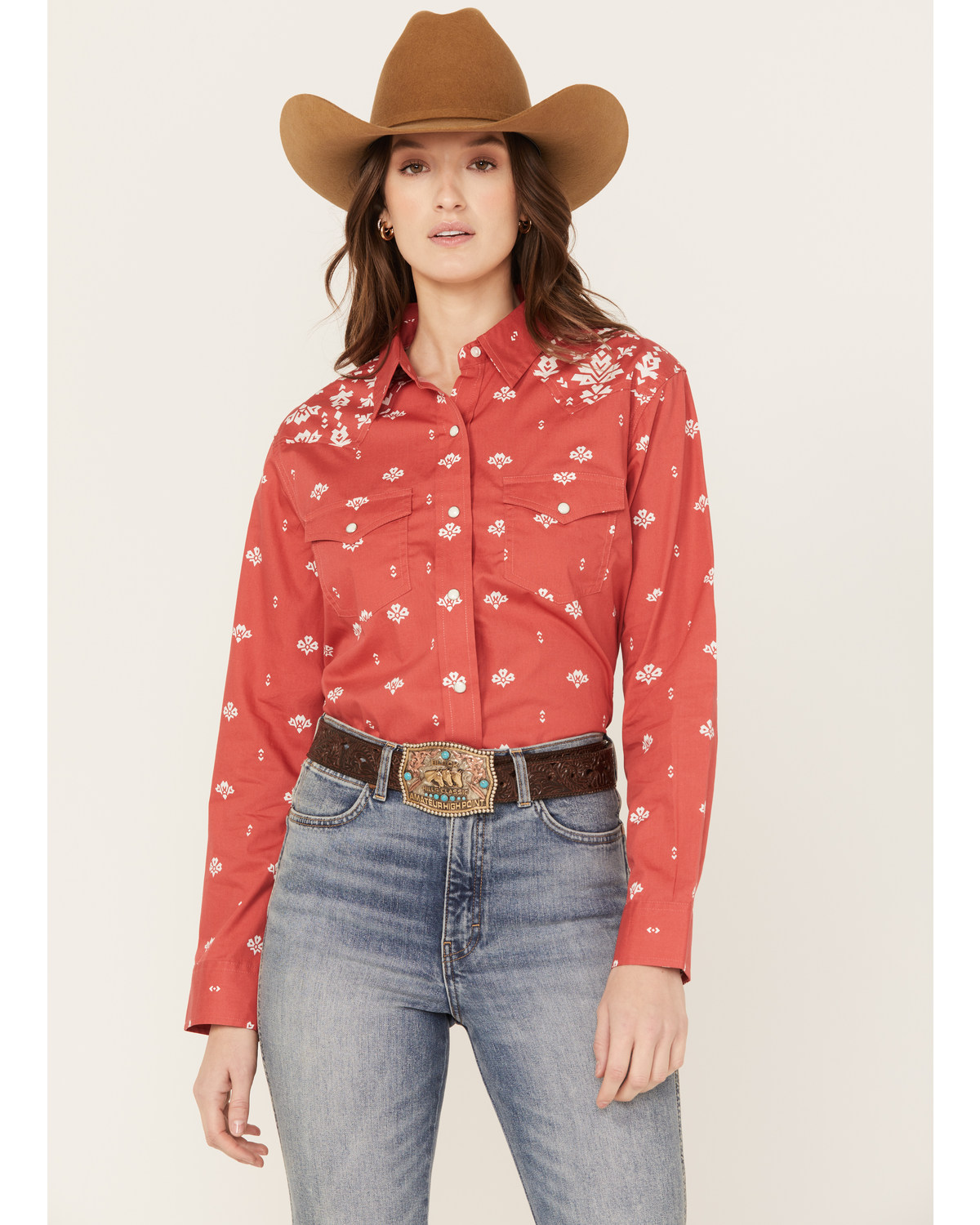 Wrangler Women's Southwestern Print Long Sleeve Western Pearl Snap Shirt