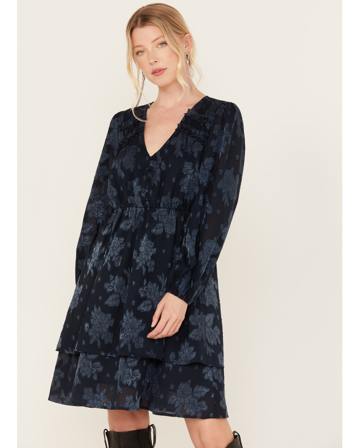 Yura Women's Long Sleeve Floral Tier Mini Dress