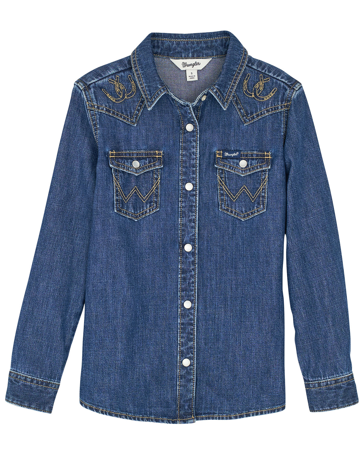 Wrangler Girls' Embroidered Denim Long Sleeve Pearl Snap Western Shirt